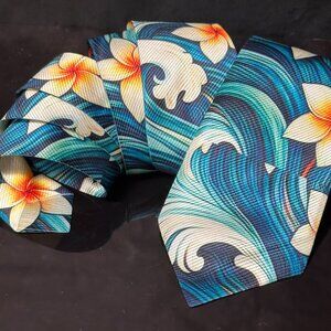 Hawaiian Floral Menswear Necktie Aloha Neckwear Resort Gift Tropical Blue Tie